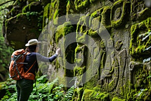 explorer examining mosscovered castle wall carvings