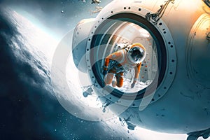 explorer floating astronaut climbing into airlock of e rocket
