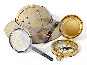 Explorer hat, magnifying glass and vintage compass.. 3D illustration