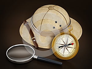 Explorer hat, magnifying glass and vintage compass.. 3D illustration