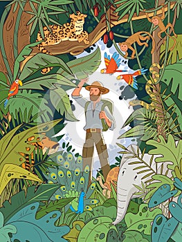 An explorer in the Indian jungle stands among the hidden animals