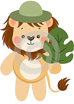 Explorer lion with hat holding a leaf