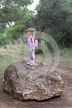 Explorer little girl forest park searching