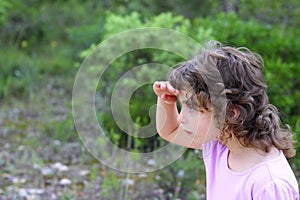 Explorer little girl forest park searching