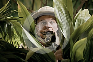 Explorer photographer hiding in vegetation