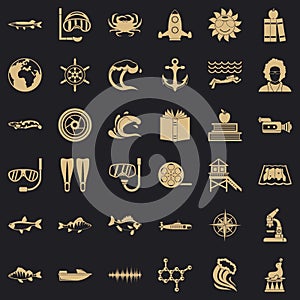 Explorer of the sea icons set, simple style