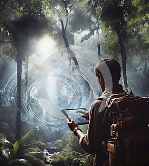 Explorer using tablet with hologram graphics on large tropical forest generative ai illustration art