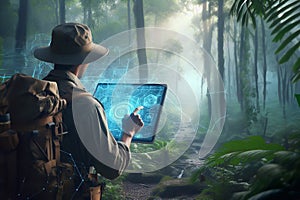 Explorer using tablet with hologram graphics on large tropical forest generative ai illustration art