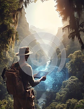 Explorer using tablet with hologram graphics on large tropical forest generative ai illustration art