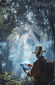 Explorer using tablet with hologram graphics on large tropical forest generative ai illustration art