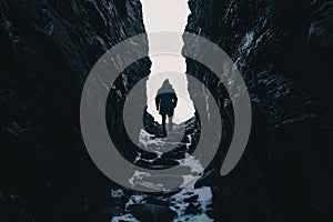 An explorer woman inside a cave by the sea in silhouette
