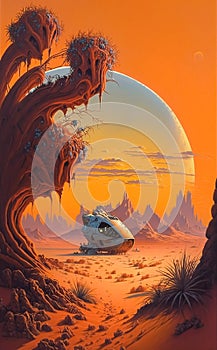 Explorers land on a strange desert alien world, vintage science fiction paperback style art. Generative AI