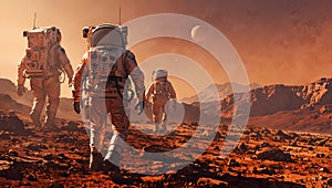 explorers in space suits on planet Mars