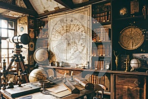 Explorers' Study Antique Maps and Celestial Instruments