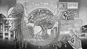 Explores themes of cybernetics and human-machine collaborati