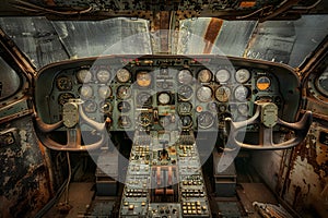 Exploring the Abandoned Cockpit, Awe-Inspiring View of Rusted Aircraft Instruments and Controls, Revealing the Secr photo