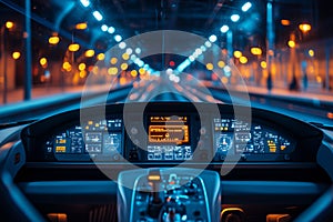 Exploring the advanced cockpit of a modern train in a vibrant urban landscape