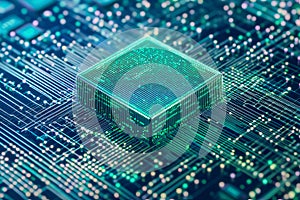 Exploring advanced computer technology with glowing microchip on circuit board