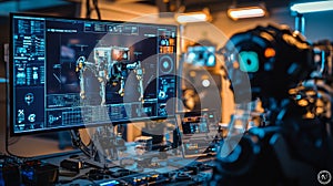 Exploring advanced robotics in a high-tech lab featuring a humanoid robot and interactive screens