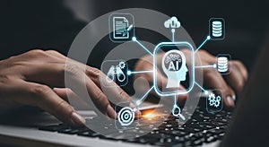 Artificial intelligence ai concept with human hands typing on a laptop keyboard for data analysis
