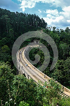 Exploring beautiful landmark called Nine Arch Bridge railway construction. Amazing view in Demodara at a viaduct bridge near small