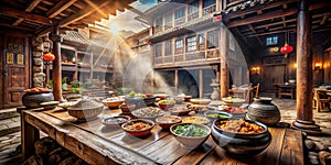 Exploring the Culinary Delights within a Traditional Fujian Tulou Earth Building A Photographic Journey through Hekeng photo