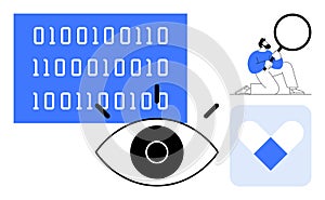 Exploring Data Analysis with Magnifying Glass, Binary Code, Eye, and Technology Icon