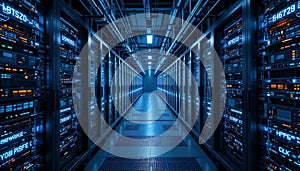 Exploring Data Center Server Room with Glowing Lights and Network Infrastructure