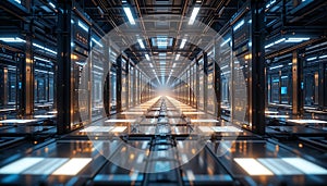 Exploring Data Center Server Room with Glowing Lights and Technology