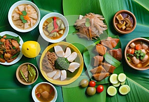 Exploring the Delights of a Filipino Feast with Sinigang, Lechon Kawali, and Chicken Adobo on Banana Lea