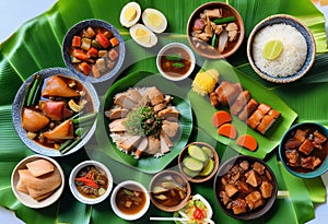 Exploring the Delights of a Filipino Feast with Sinigang, Lechon Kawali, and Chicken Adobo on Banana Lea