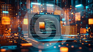 Exploring digital innovation with glowing code and data visualization at a modern tech workspace