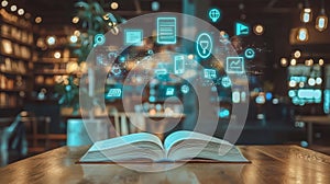 Exploring the Future of E-Learning Through an Open Book on a Table with a Blurred Background