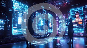 Exploring futuristic technology in a high tech environment with interactive holograms and data displays. Generative AI