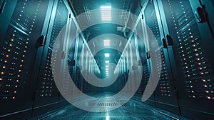 Exploring a High-Tech Data Center With Bright Lights and Rows of Servers