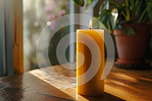 Exploring an online candle store, spotlighting a soy wax jar candle. Describe its calming scent and eco-friendly photo
