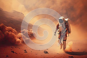 Exploring the Red Planet: Astronaut Collecting Samples on Mars Surface.