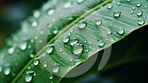 Exploring reflectivity of water droplets on leaf in blurred background with space for text