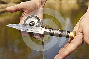 Exploring of river with magnet on rope and finding of knife