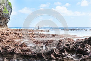 Exploring rock pools on coral shelf on tropical Niue
