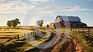 Exploring the Scenic Dirt Road Between Charming Barns on a Serene Farm photo