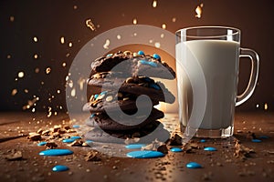Explosed chocolate cookies and a glass of milk