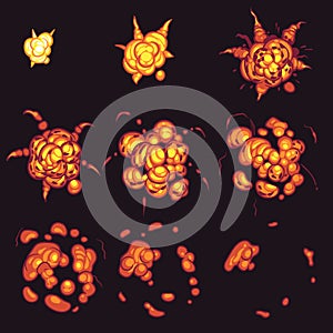 Explosion animation. Cartoon bang bomb flame frames, flash fire with smoke effect storyboard comics gaming bombing