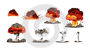 Explosion animation kit. Cartoon bomb detonation comic effect with fire and smoke, energy blast and firework explode