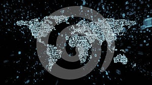 Explosion of binary data around world map illustrated as digital circuitry