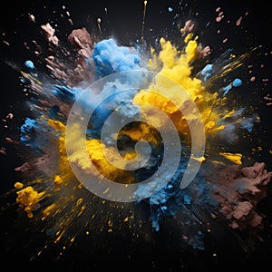An explosion of blue and yellow gunpowder on a black background, Symbolizes Ukrainian unity and hope for peace for all Ukrainians