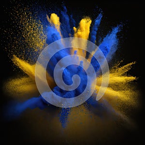 explosion of blue and yellow powders on a dark background