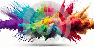 An explosion of bright multi-colored powder on a white background. Generative ai