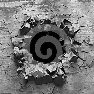 Explosion broken concrete wall bullet hole destruction