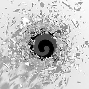 Explosion broken white wall with cracked hole. Abstract background